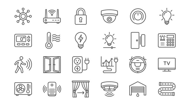 Smart home icons collection for automated living, modern technology and connected devices.
