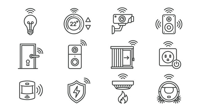 Smart home device icons with wifi signals for connected automated living and technology.