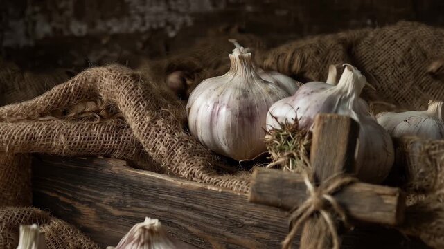Still life composition featuring rustic wooden cross and fresh garlic on burlap in a dimly lit space