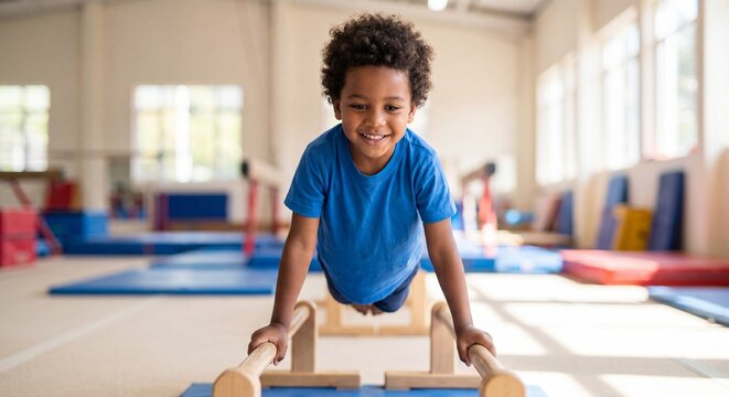 A cheerful young child wearing a blue t-shirt having fun while balancing on low parallel bars during gymnastics training.