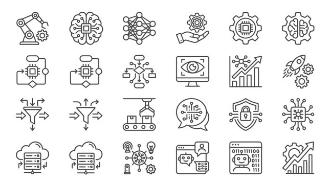 Machine learning and artificial intelligence technology icons set for software projects.