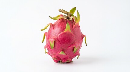 Fototapeta premium Dragon fruit vibrant pink with green scales in bright studio lighting on white background for healthy eating.