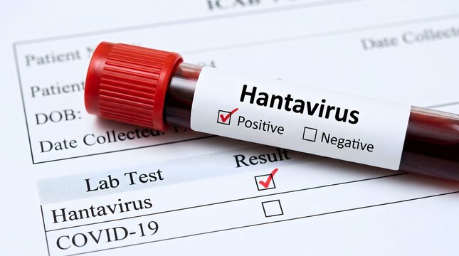 A blood sample test tube lying on a document with Hantavirus marked as positive and checked result