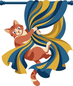 Playful kitten tangled in dynamic abstract wavy cloth or ribbon