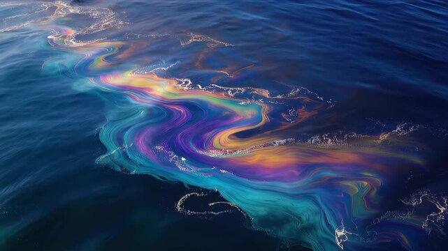 Vibrant oil spill creates colorful patterns in ocean waters showcasing various shades under sunlight in a marine environment