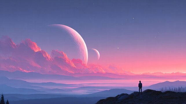 A lone figure gazes at an alien sunset with two moons and pink clouds.