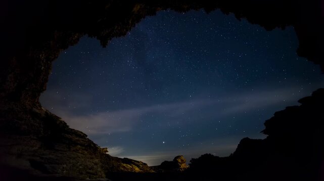 Night sky viewed from a cave entrance, showcasing a stunning display of stars and celestial beauty. Perfect for nature enthusiasts and stargazers