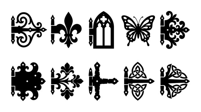 A Collection of Decorative Vintage Door Hinges Featuring Ornate Gothic Patterns and Filigree Floral Ironwork Designs