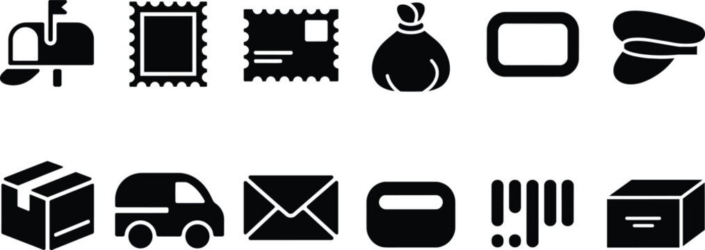 Post office icons set including mailbox, parcel, envelope, stamp, cap, barcode, and delivery van in black style and clip art and postman hat in outlin