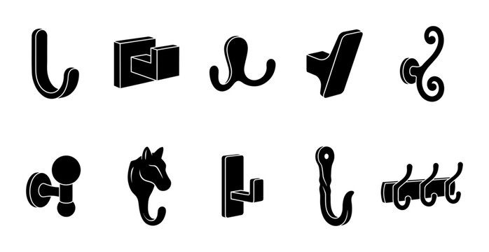 Collection of ten distinct wall mounted metal hook designs for hanging coats bags accessories or towels in interior decor