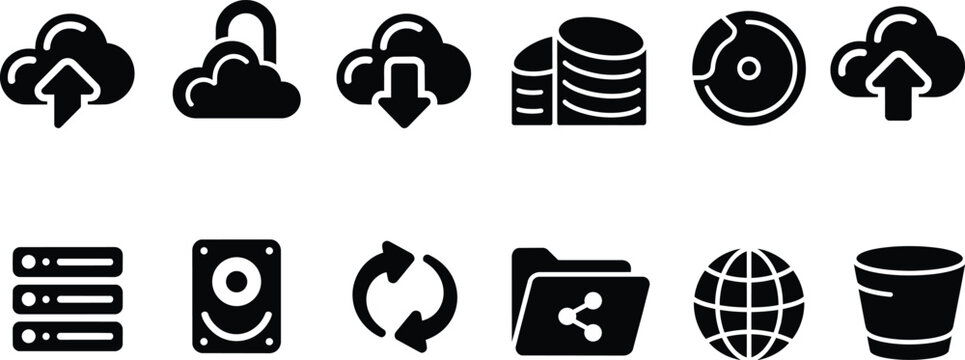 Modern cloud computing and data storage icons set including server database network folder sync and backup symbols in solid style