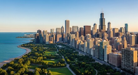 Fototapeta premium Chicago skyline and lake michigan shoreline at sunset, aerial view of city skyscrapers and park