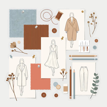Fashion design concept with sketches and fabrics.