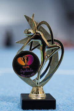 Bucharest Romania 15 June 2026.Elegant commemorative medal designed for the Nadia Cup 2026, featuring a stylized female gymnast silhouette in motion.