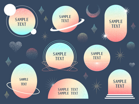 ざらつきのある幻想的な星と惑星のノスタルジックなテキストフレームイラスト