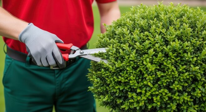 Gardener in red shirt trimming a spherical boxwood shrub with metal hand pruning shears