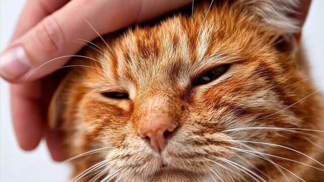 Closeup of a relaxed orange cat being petted