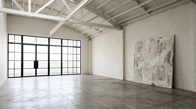 Spacious white loft studio with large windows and abstract art