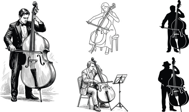 Double bass player and cellist vector set classical musician detailed engraving silhouette collection contrabass line art drawing icons pack isolated on white background