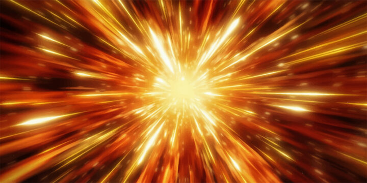 A radiant burst of golden and orange light explodes outward, creating a dynamic and energetic abstract pattern reminiscent of a supernova or hyperspace travel.