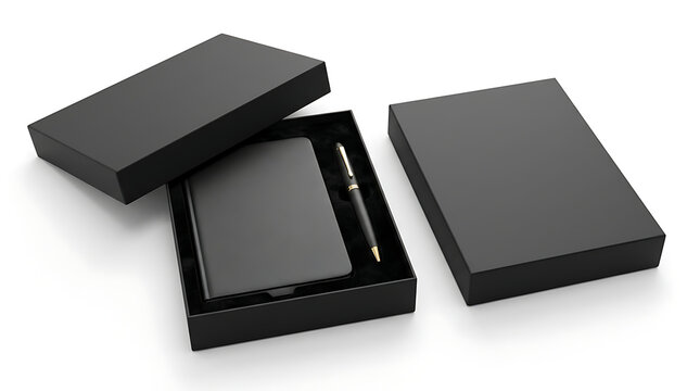 Elegant black gift box with notebook and pen corporate stationary set mockup