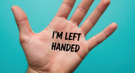 Open human left hand palm with black text i'm left handed against a solid teal background