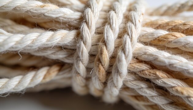 Showing natural-fiber ropes and twine forming knot-like binding on studio table, loose fibers