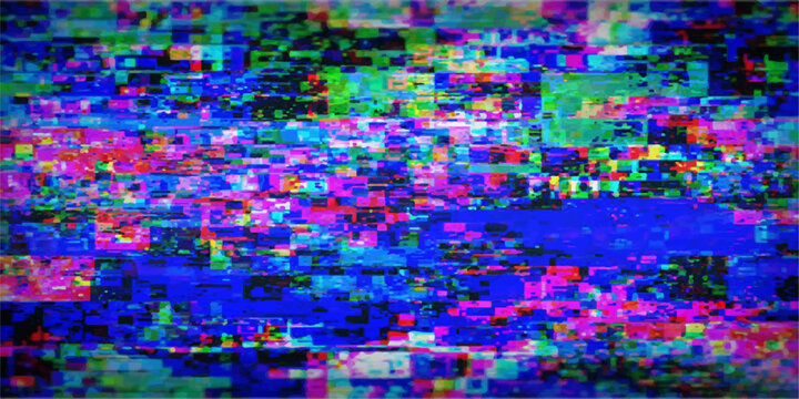 A chaotic abstract pattern of digital noise and color blocks resembles a television screen experiencing signal interference, creating a vibrant, pixelated, and disorienting visual effect.