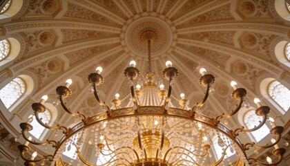 Obraz premium Hanging large ornate gold chandelier dominating domed hall, with crystal beads and gilt medallions