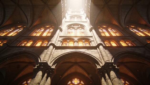 Showcasing central cathedral nave rising toward clerestory in interior, with stained glass windows