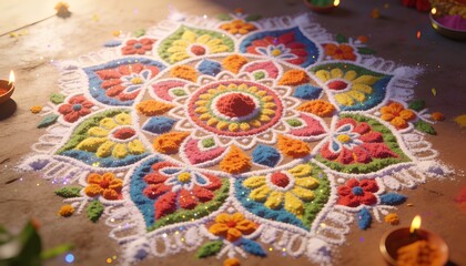Fototapeta premium Displaying intricate circular rangoli with white outlines, small mounds, lit diyas inside home