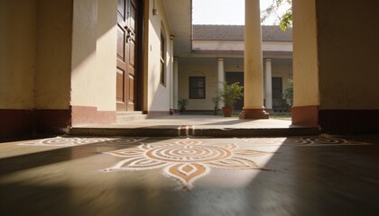 Fototapeta premium Streaming sunlight casting shadows across rangoli on polished floor at veranda, with door, columns