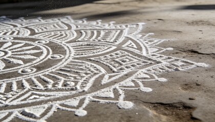 Obraz premium Decorating left stone courtyard, white rangoli mandala forming raised ridges with scattered grains