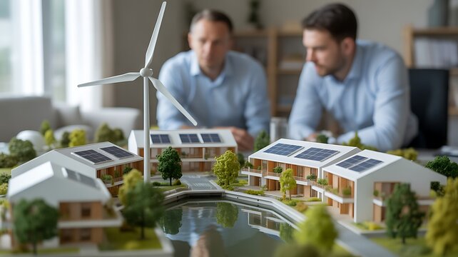Architects reviewing sustainable residential development model for urban planning and green energy concept