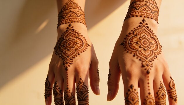 Resting female hands displaying intricate henna designs on light-colored tabletop, warm light