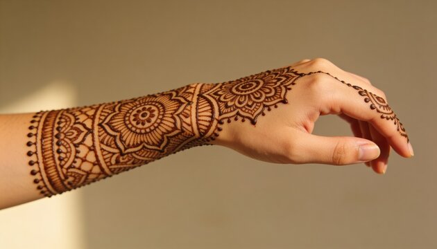 Displaying bare forearm and hand showing henna Mehndi patterns on beige backdrop, patch of light