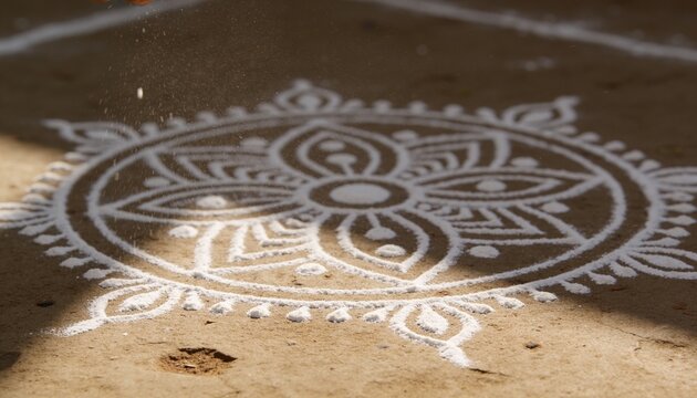 Displaying white rangoli kolam pattern on earthen courtyard floor, with powder granules floating