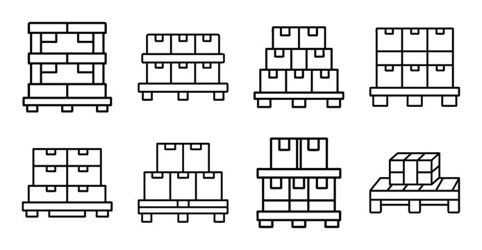 Flat pack pallets with stacked boxes illustration - Simple vector illustration of various flat pack pallets holding different stacked boxes, ideal for logistics and delivery graphics.