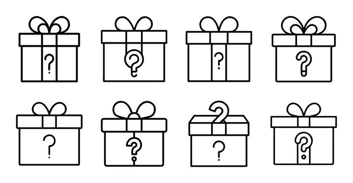 Mystery gift boxes with question marks - Eight simple gift boxes featuring question marks, ready for customization and various uses in designs.