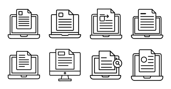 Flat icons of documents on computer monitors - Minimalist vector icons showing different document files on desktop computer screens in a grid layout.