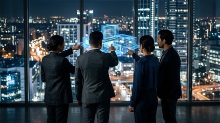 Obraz premium Business team interacting with holographic building projection in modern office overlooking city skyline at night.