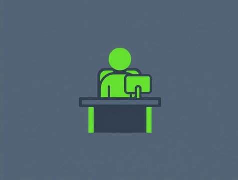 Green icon of a person working on a computer at a desk in an office setting