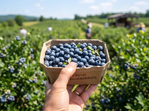 Hand holding fresh blueberries in cardboard punnet during sunny harvest in berry field