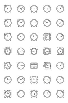 Collection of various clock icons and time measurement line art symbols set