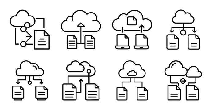 Cloud storage icons with devices syncing data - Set of cloud storage icons showing laptops, tablets, and phones syncing data to the cloud in a clean vector style.