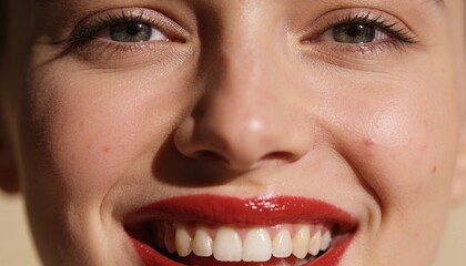 Naklejka premium Smiling adult female displaying glossy red lips and exposed teeth in studio close up, showing pores