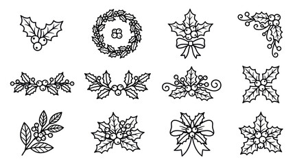 Christmas holly leaves and berry line art collection. © diki