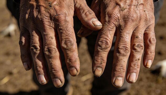 Holding weathered hands forward at rural field, showing cracked skin, dirt under nails, dark cuffs