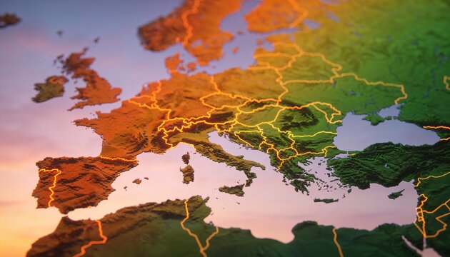 Displaying 3D stylized topographic map focusing on Mediterranean, showing glowing country borders