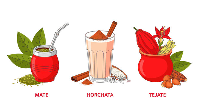 Traditional latin american drinks mate horchata and tejate